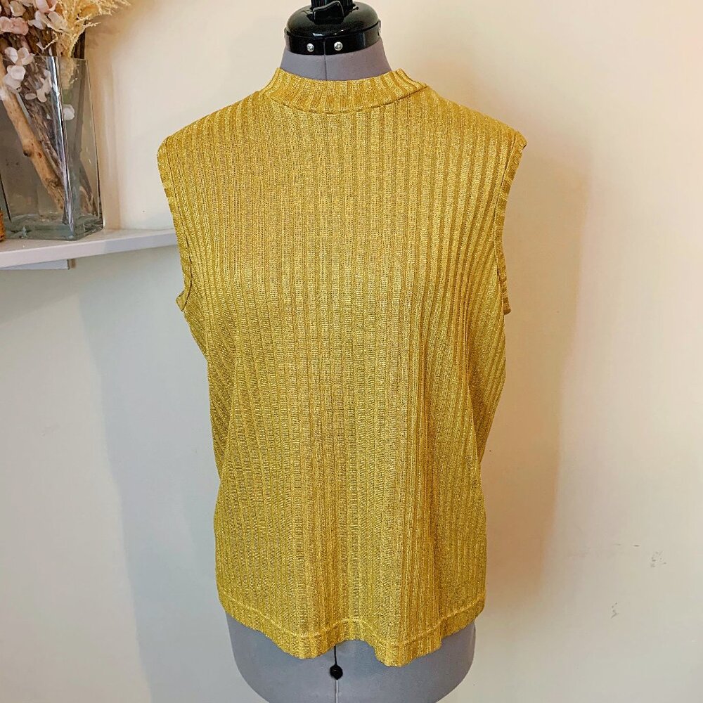 Vintage 90s Gold Metallic Ribbed Sleeveless Mock Turtleneck Sweater Size Large